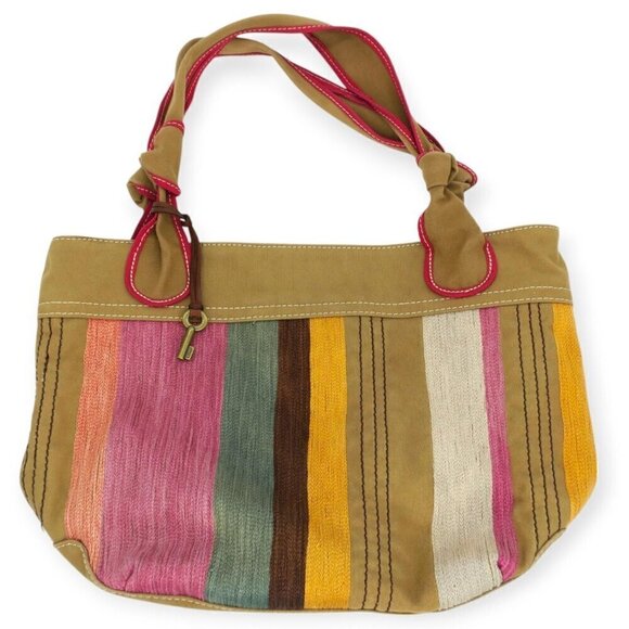Fossil Handbags - Fossil Multicolor Striped Purse Canvas Large Shoulder Bag